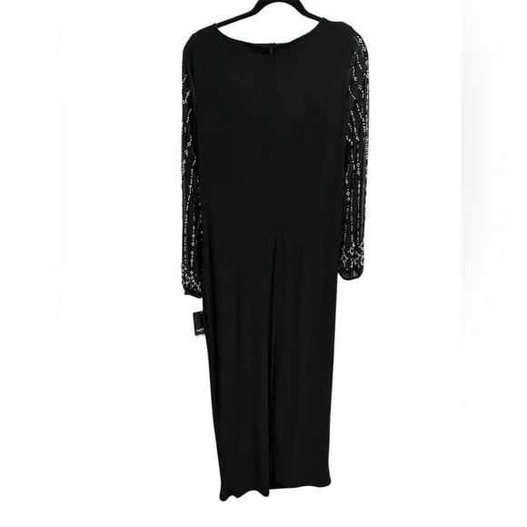 NWT Marina boat neck jersey long beaded sleeve back slit sheath black Dress - Picture 7 of 11